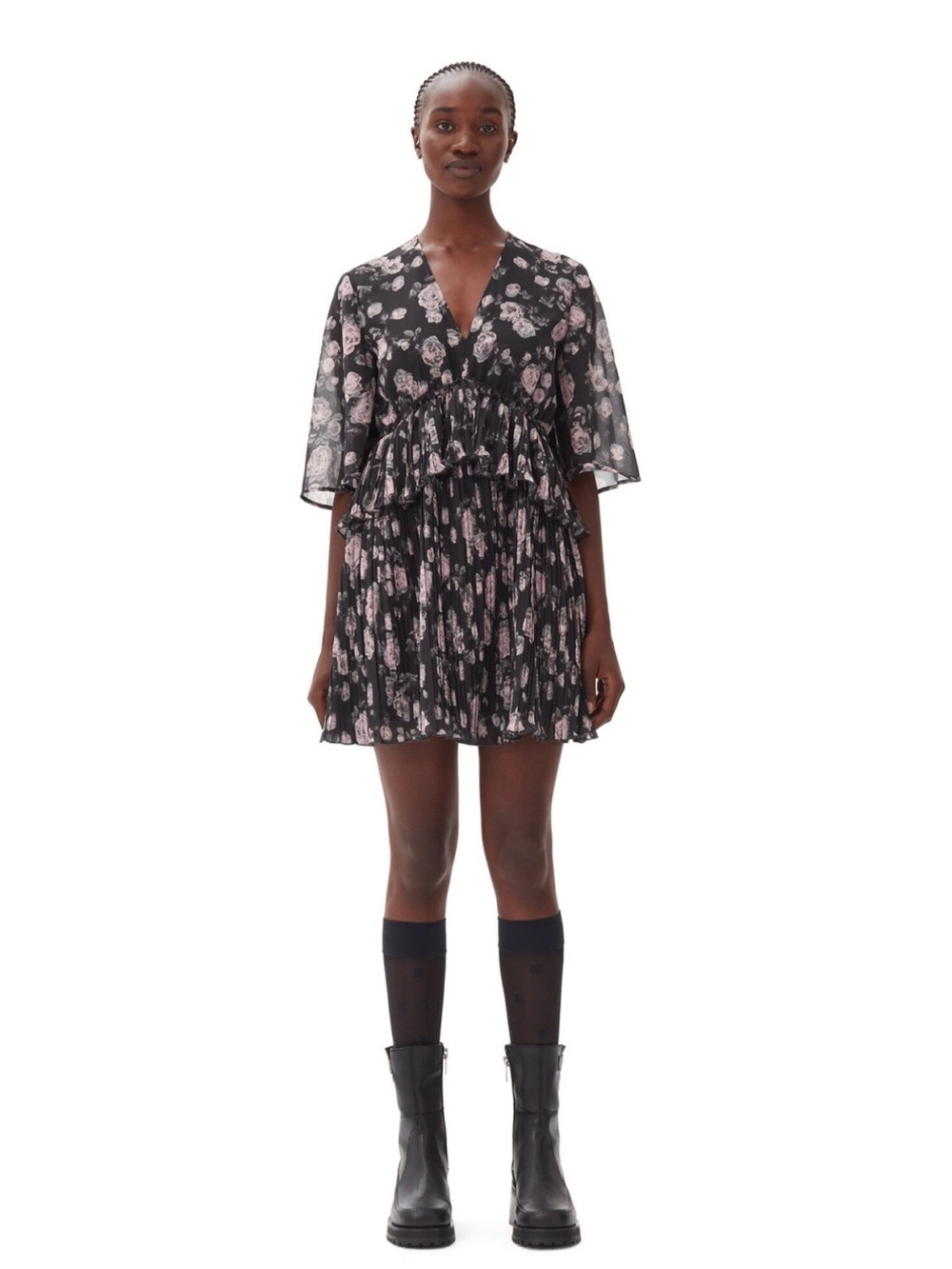 Ganni Black Mini Dress with Pink Floral Print
